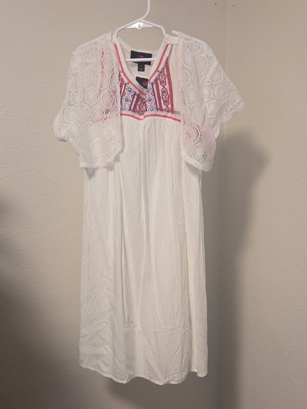 Ivory Lace Dress with Coral & Cobalt Accents - Size 16